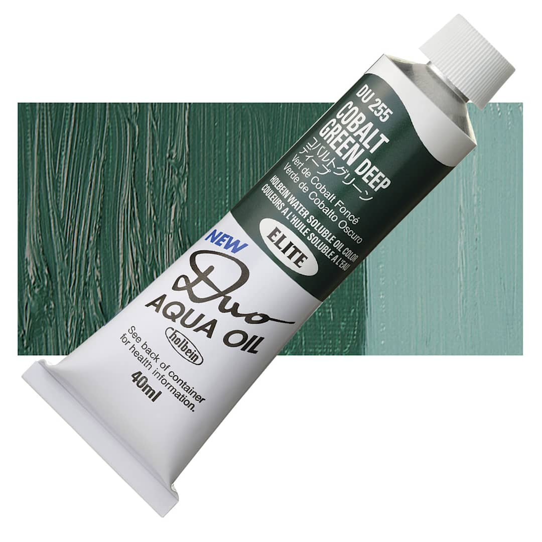 Open in modal - Holbein Duo Aqua Water Soluble Oil - Cobalt Green Deep, 40 ml tube and swatch