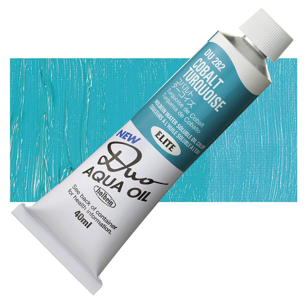 Open in modal - Holbein Duo Aqua Water Soluble Oil - Cobalt Turquoise, 40 ml tube and swatch