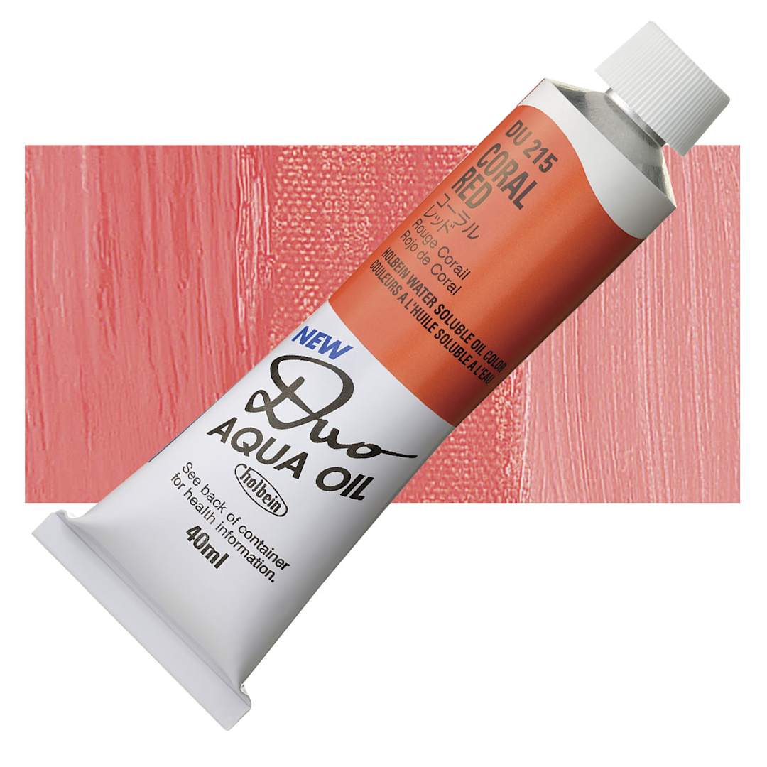 Open in modal - Holbein Duo Aqua Water Soluble Oil - Coral Red, 40 ml tube and swatch