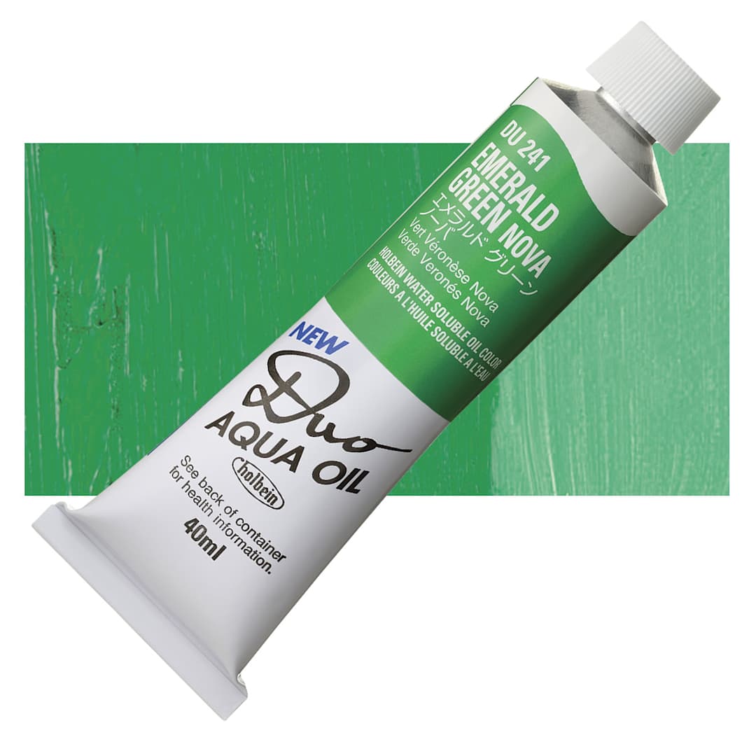 Open in modal - Holbein Duo Aqua Water Soluble Oil - Emerald Green Nova, 40 ml tube and swatch