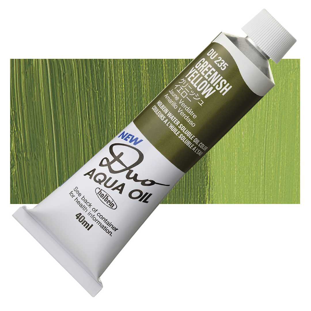 Open in modal - Holbein Duo Aqua Water Soluble Oil - Greenish Yellow, 40 ml tube and swatch