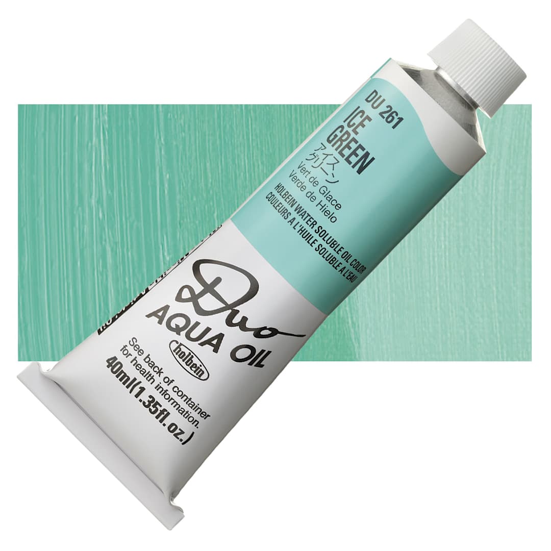 Open in modal - Holbein Duo Aqua Water Soluble Oil - Ice Green, 40 ml tube and swatch