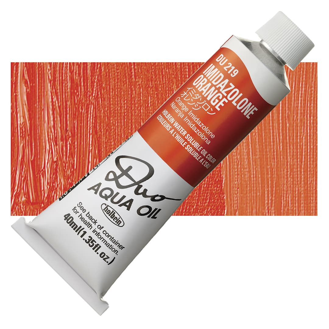 Open in modal - Holbein Duo Aqua Water Soluble Oil - Imidazolone Orange, 40 ml tube and swatch