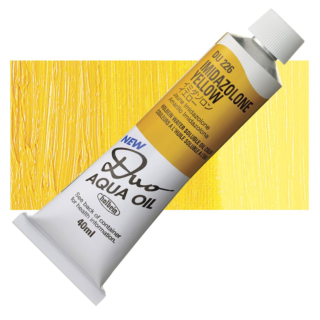 Open in modal - Holbein Duo Aqua Water Soluble Oil - Imidazolone Yellow, 40 ml tube and swatch
