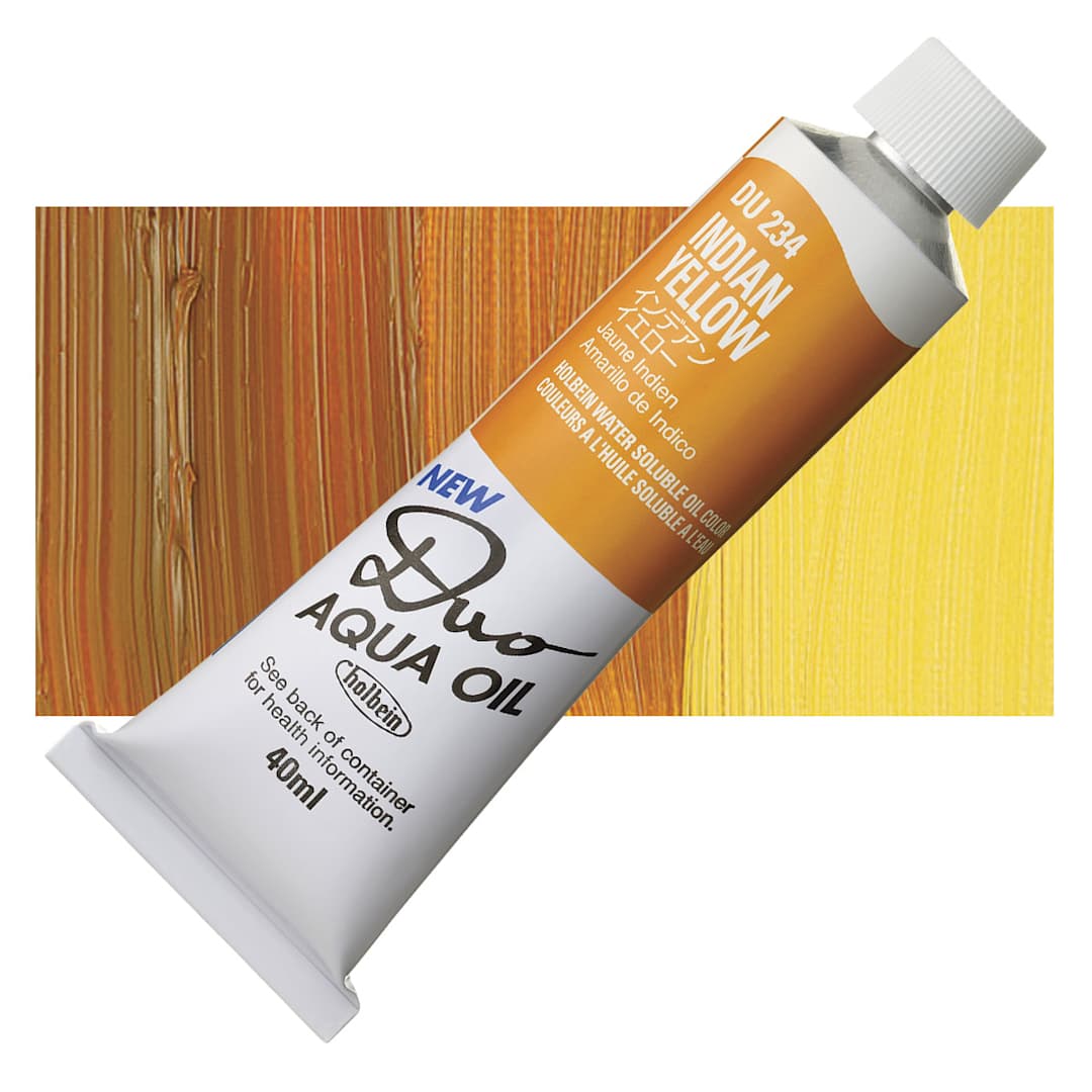 Open in modal - Holbein Duo Aqua Water Soluble Oil - Indian Yellow, 40 ml tube and swatch