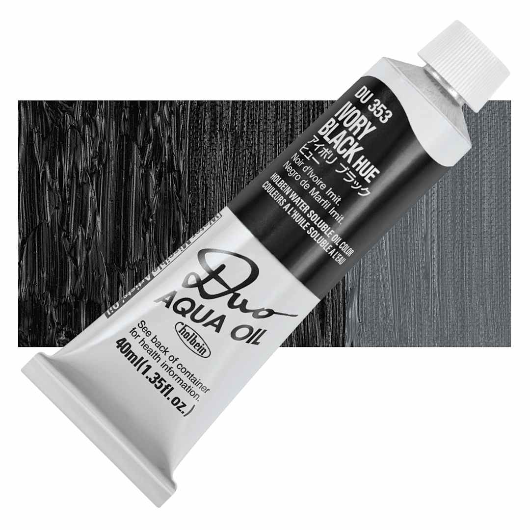Open in modal - Holbein Duo Aqua Water Soluble Oil - Ivory Black Hue, 40 ml tube and swatch