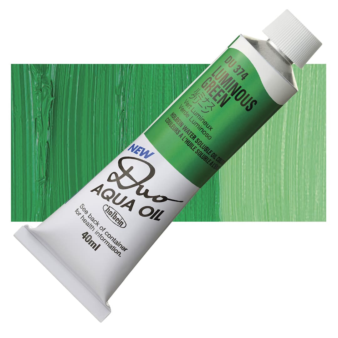 Open in modal - Holbein Duo Aqua Water Soluble Oil - Luminous Green, 40 ml tube and swatch