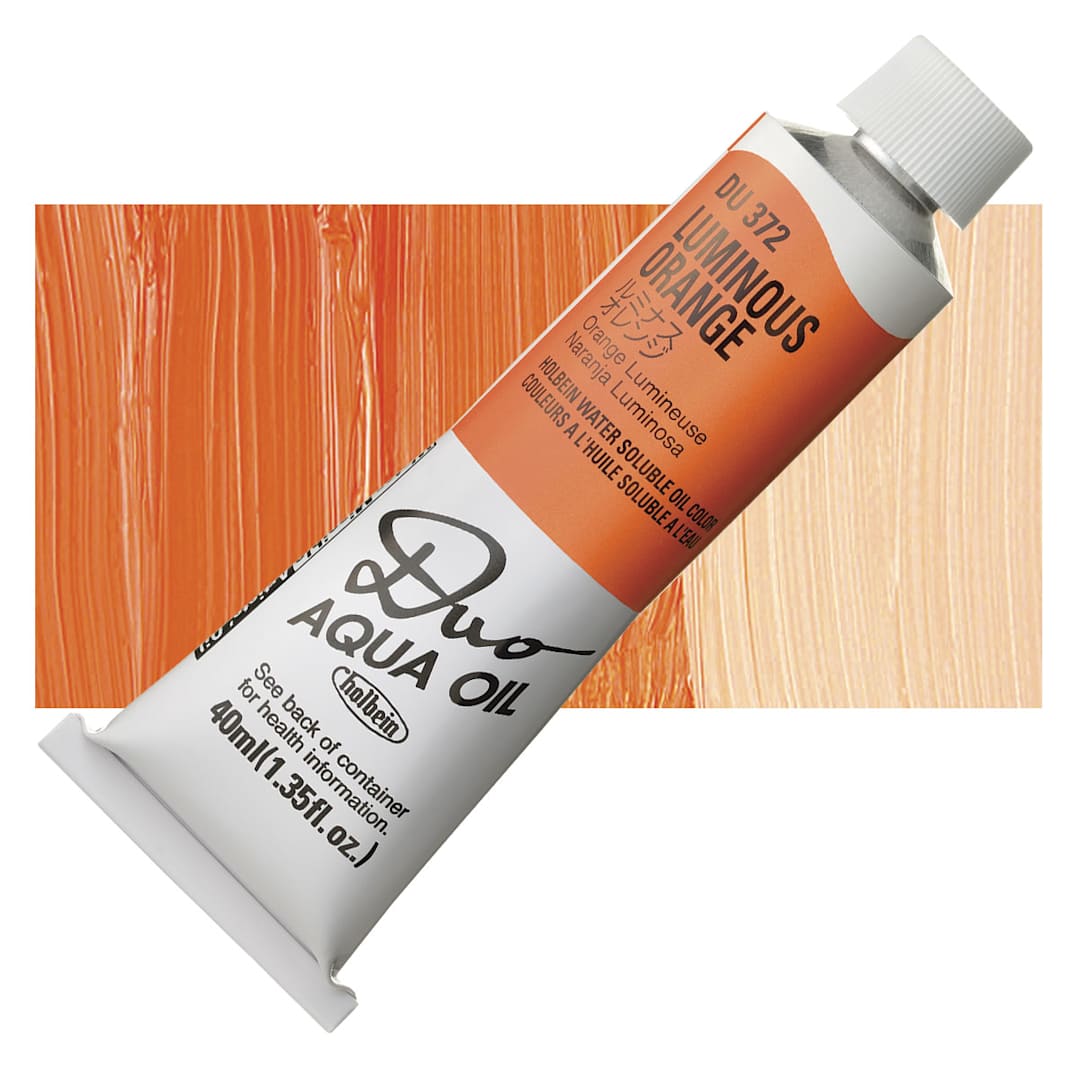 Open in modal - Holbein Duo Aqua Water Soluble Oil - Luminous Orange, 40 ml tube and swatch