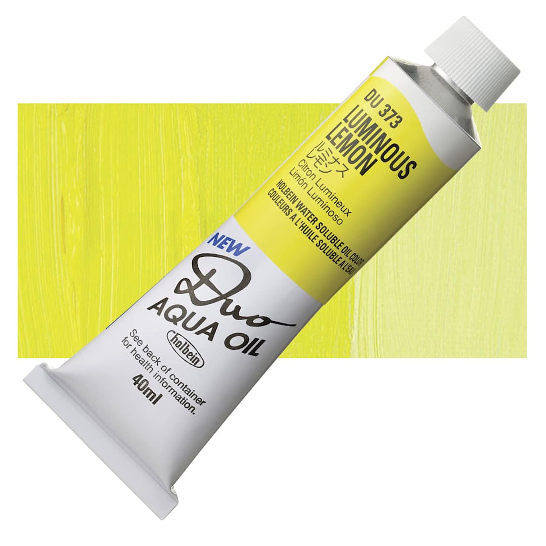 Open in modal - Holbein Duo Aqua Water Soluble Oil - Luminous Lemon, 40 ml tube and swatch