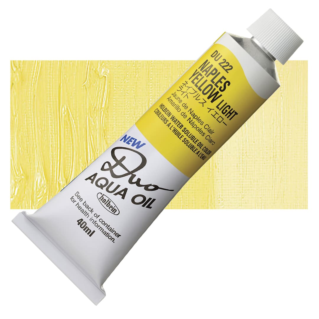 Open in modal - Holbein Duo Aqua Water Soluble Oil - Naples Yellow Light, 40 ml tube and swatch