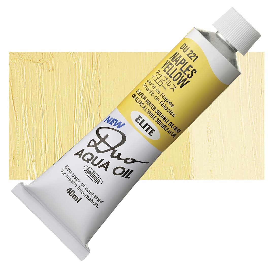 Open in modal - Holbein Duo Aqua Water Soluble Oil - Naples Yellow, 40 ml tube and swatch