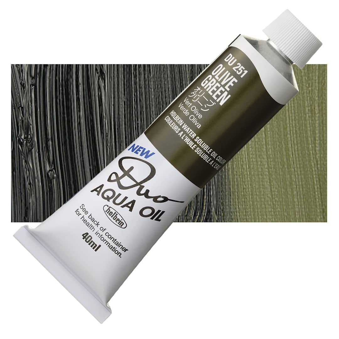 Open in modal - Holbein Duo Aqua Water Soluble Oil - Olive Green, 40 ml tube and swatch