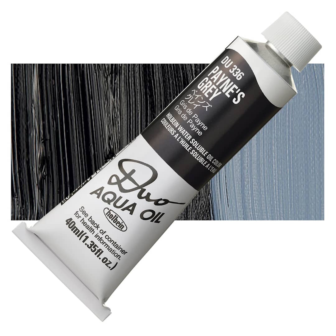 Open in modal - Holbein Duo Aqua Water Soluble Oil - Payne's Gray, 40 ml tube and swatch