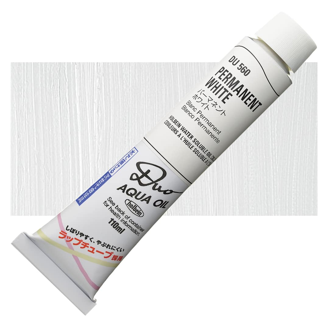 Open in modal - Holbein Duo Aqua Water Soluble Oil - Permanent White, 110 ml tube and swatch