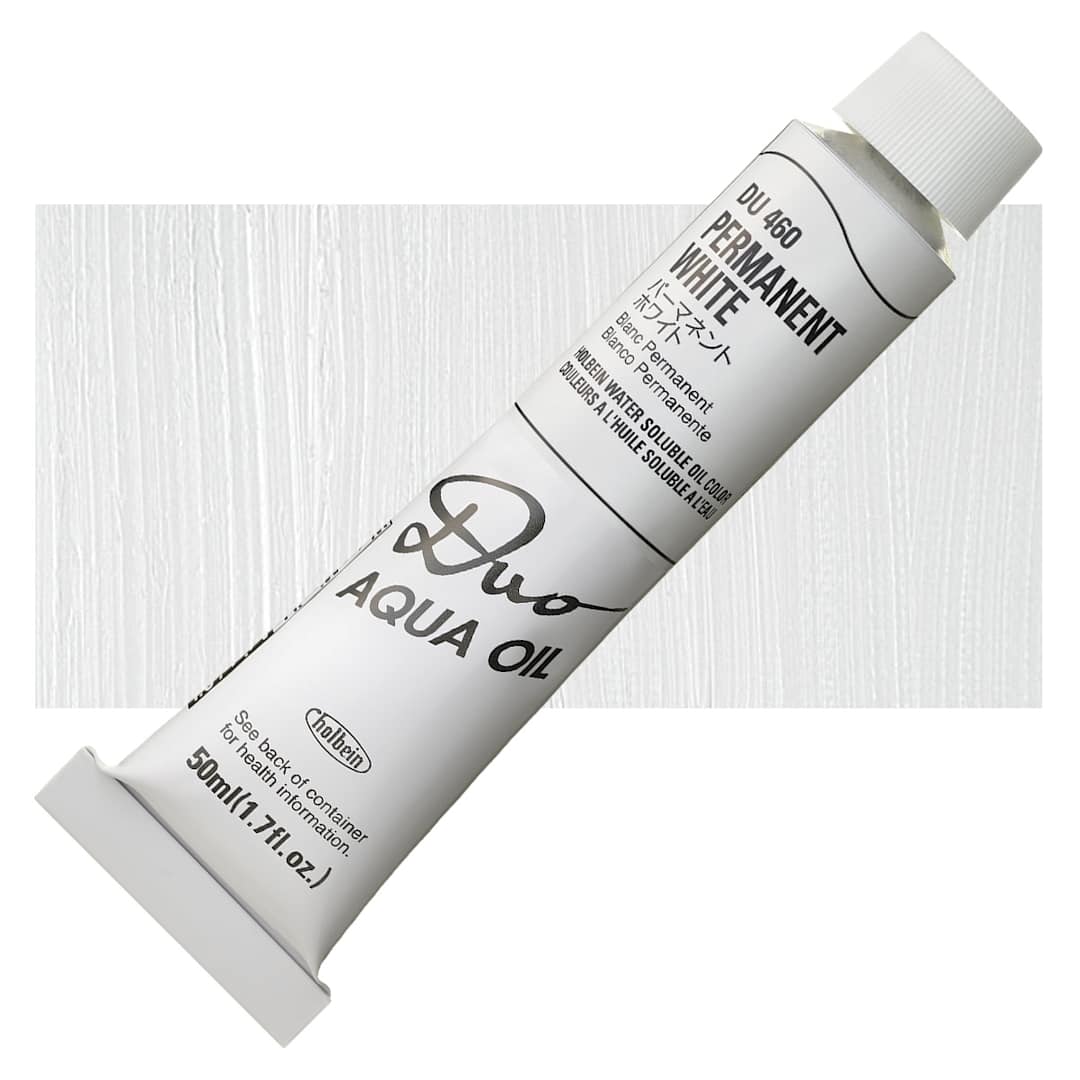 Open in modal - Holbein Duo Aqua Water Soluble Oil - Permanent White, 50 ml tube and swatch