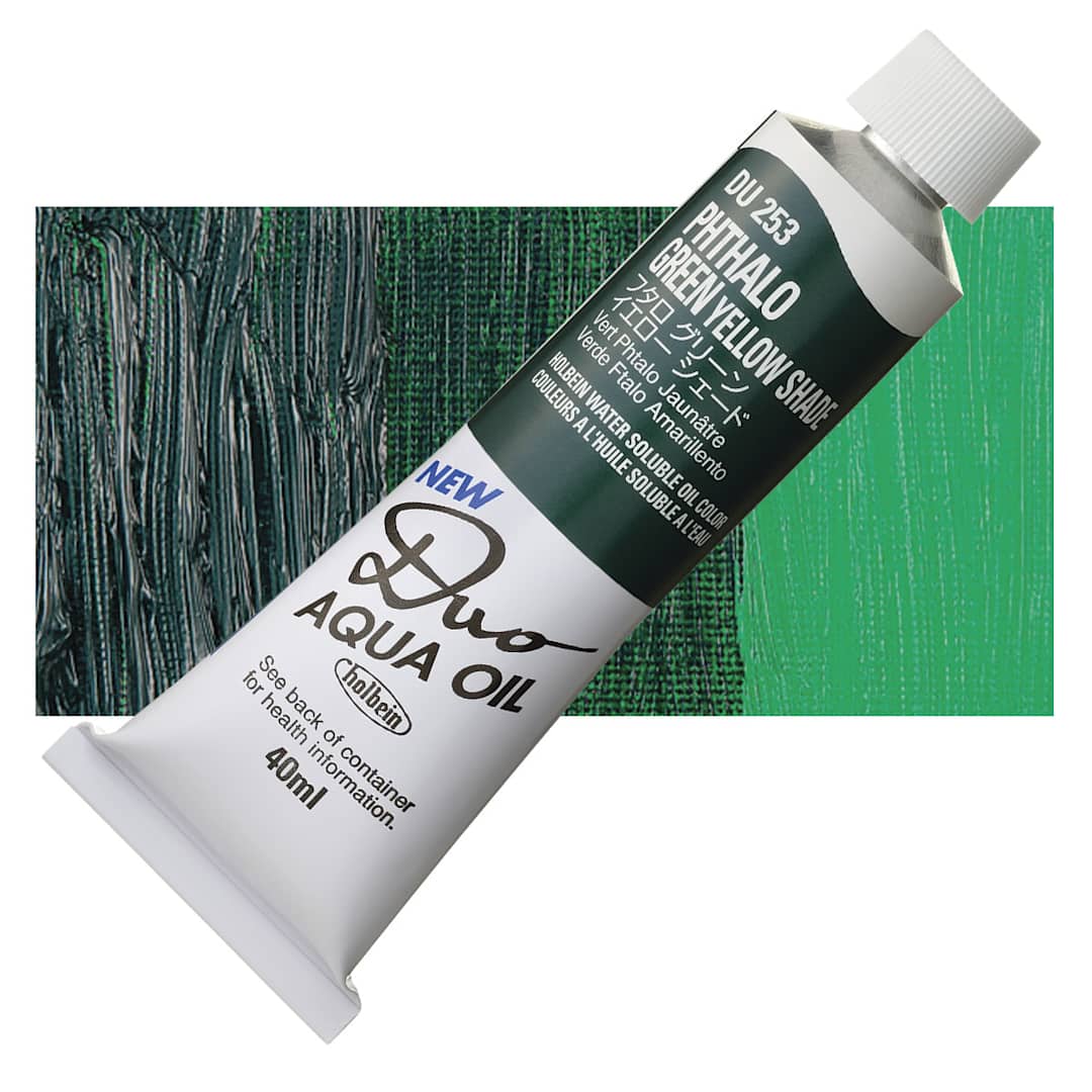 Open in modal - Holbein Duo Aqua Water Soluble Oil - Phthalo Green Yellow Shade, 40 ml tube and swatch