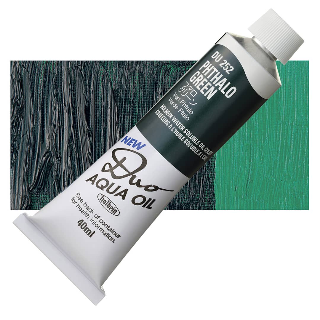 Open in modal - Holbein Duo Aqua Water Soluble Oil - Phthalo Green, 40 ml tube and swatch