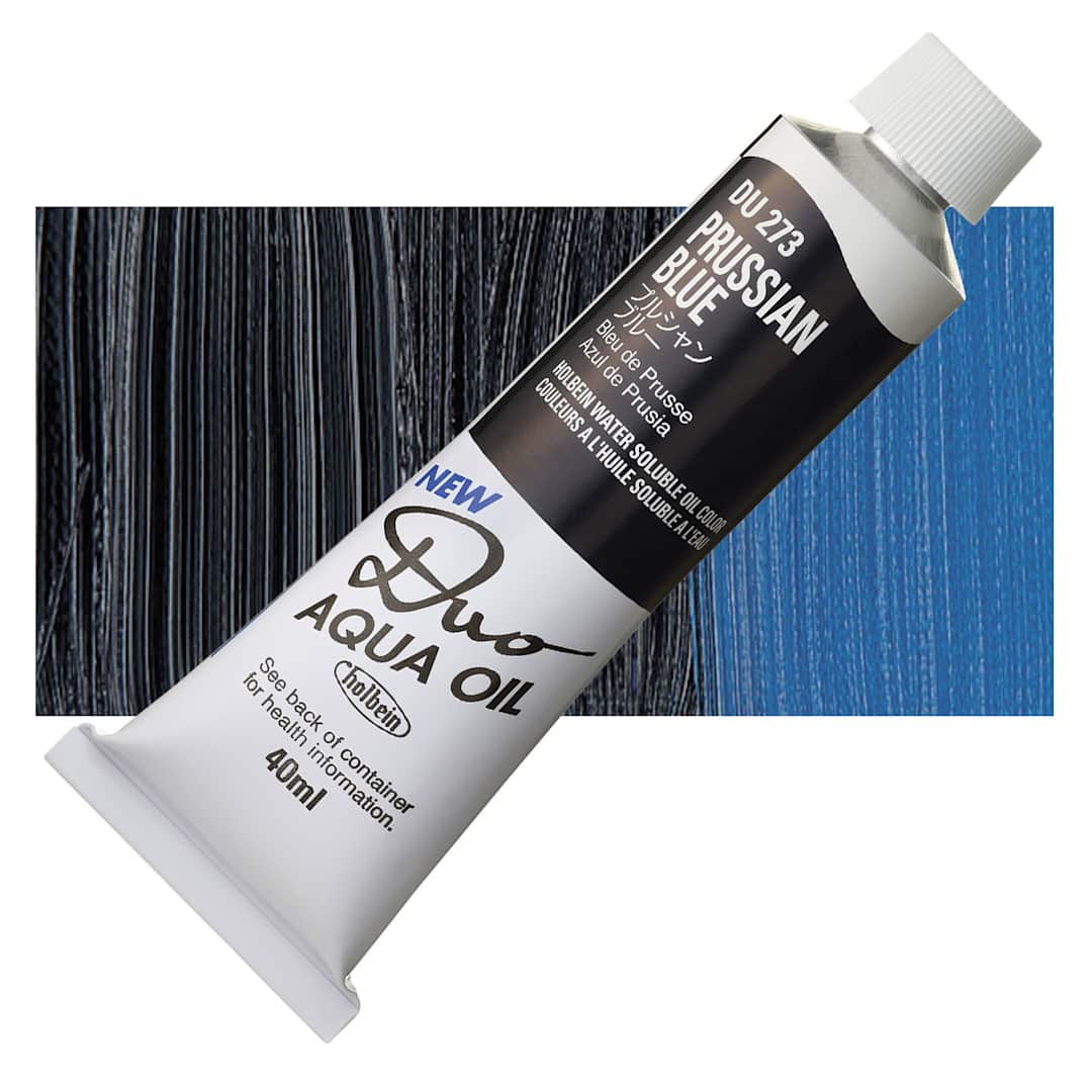 Open in modal - Holbein Duo Aqua Water Soluble Oil - Prussian Blue, 40 ml tube and swatch