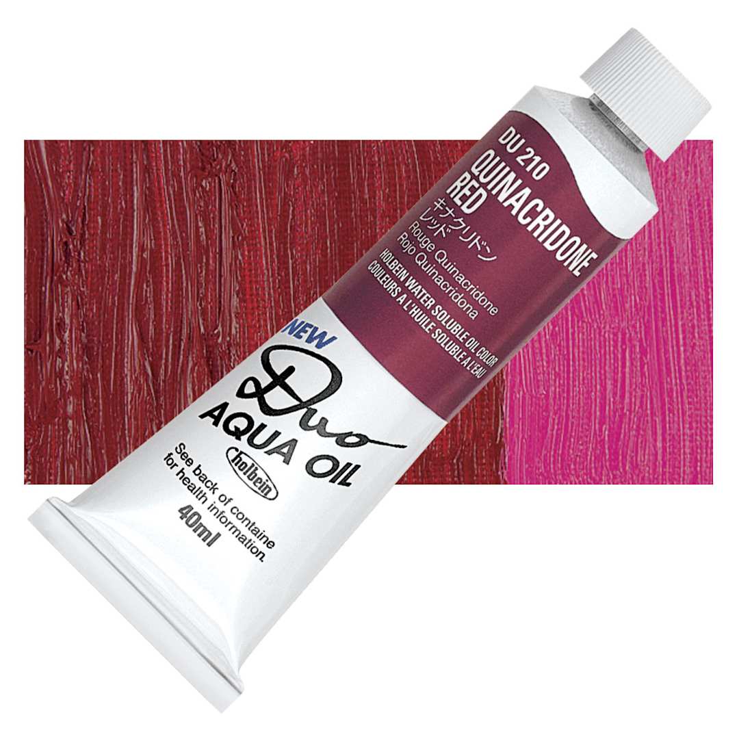 Open in modal - Holbein Duo Aqua Water Soluble Oil - Quinacridone Red, 40 ml tube and swatch