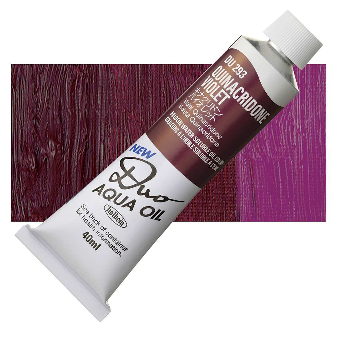 Open in modal - Holbein Duo Aqua Water Soluble Oil - Quinacridone Violet, 40 ml tube and swatch