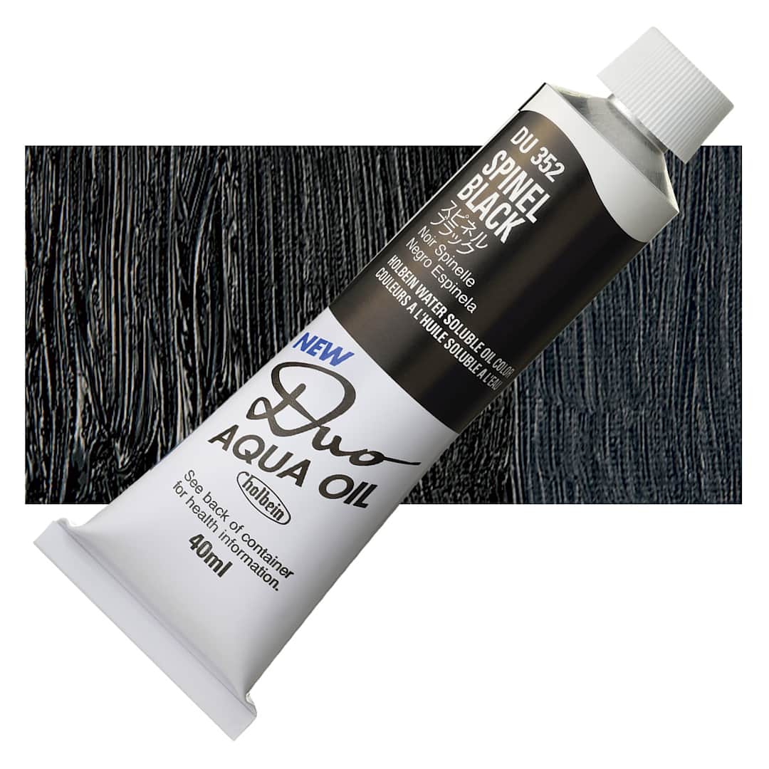 Open in modal - Holbein Duo Aqua Water Soluble Oil - Spinel Black, 40 ml tube and swatch