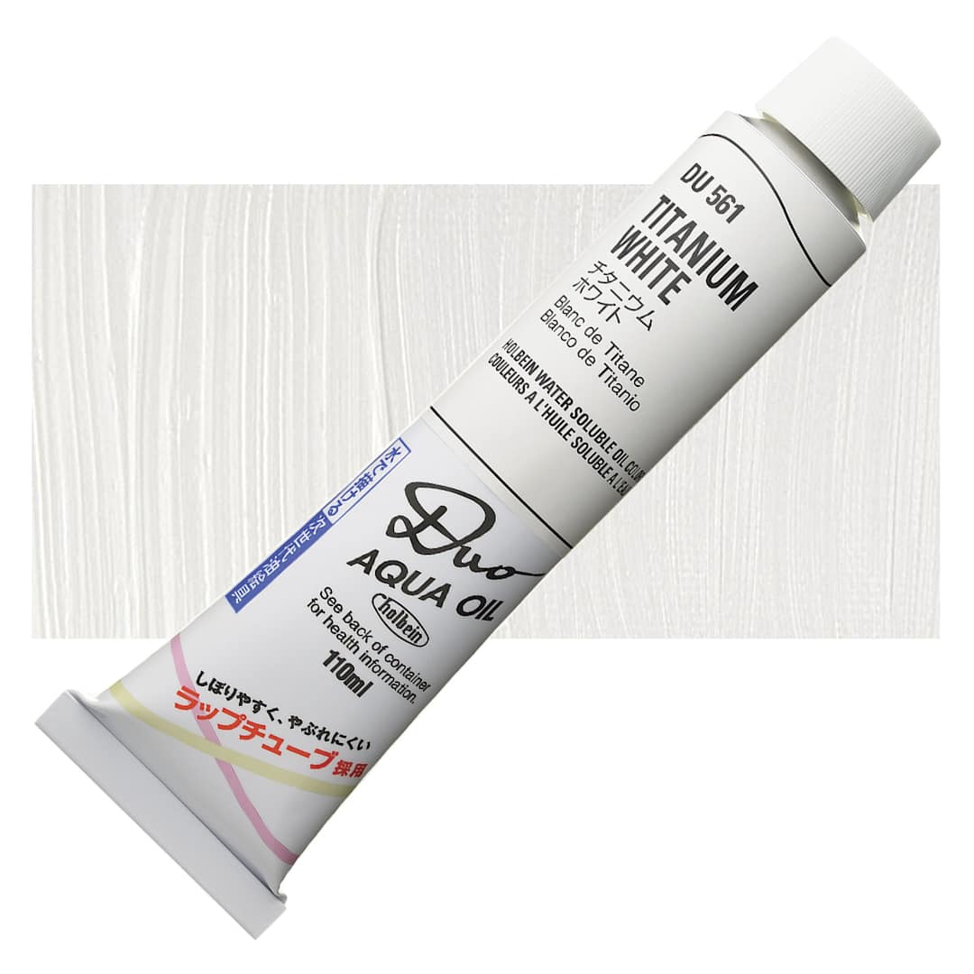 Open in modal - Holbein Duo Aqua Water Soluble Oil - Titanium White, 110 ml tube and swatch