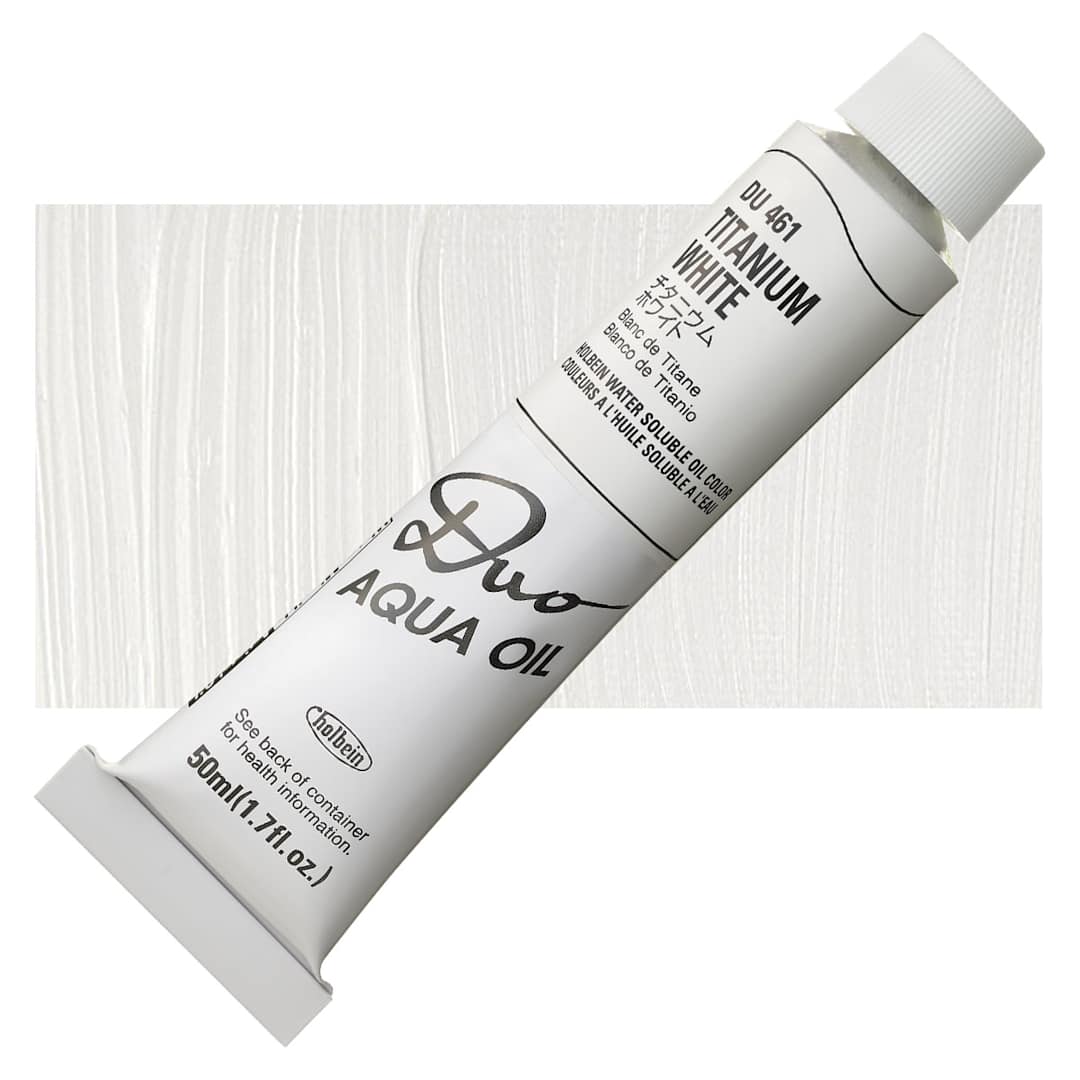 Open in modal - Holbein Duo Aqua Water Soluble Oil - Titanium White, 50 ml tube and swatch