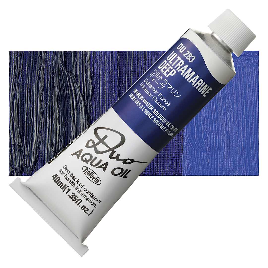 Open in modal - Holbein Duo Aqua Water Soluble Oil - Ultramarine Deep, 40 ml tube and swatch