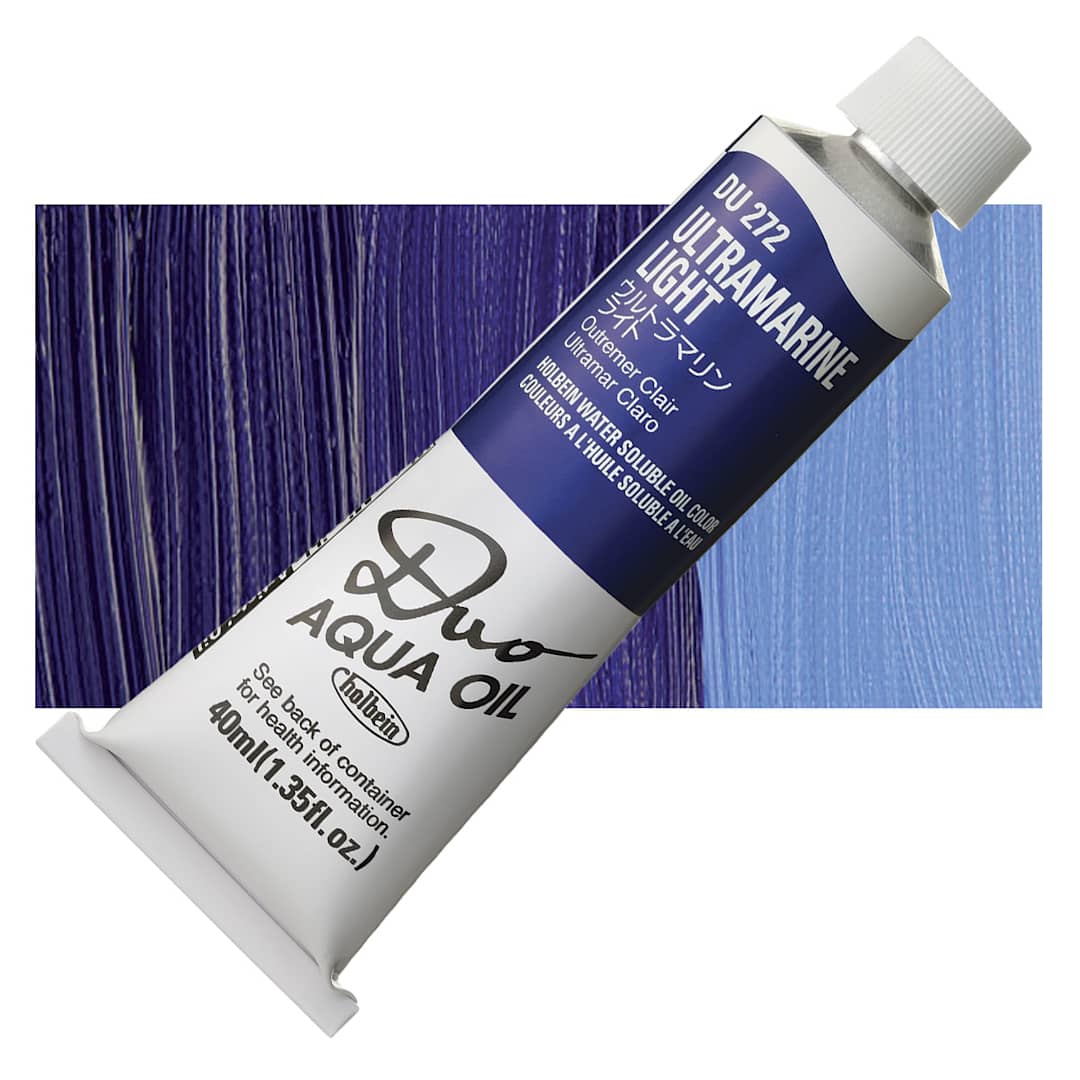 Open in modal - Holbein Duo Aqua Water Soluble Oil - Ultramarine Light, 40 ml tube and swatch