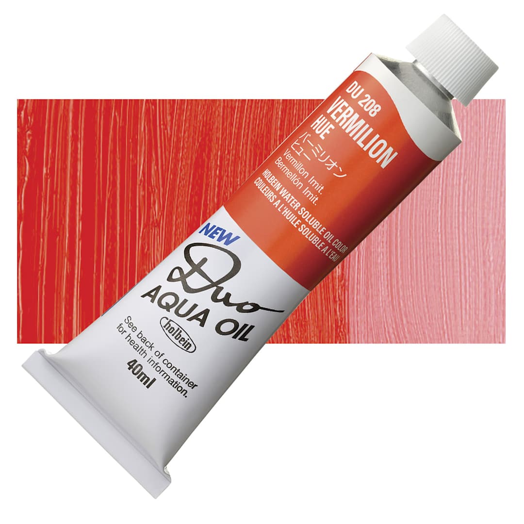Open in modal - Holbein Duo Aqua Water Soluble Oil - Vermilion Hue, 40 ml tube and swatch