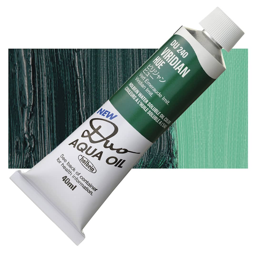 Open in modal - Holbein Duo Aqua Water Soluble Oil - Viridian Hue, 40 ml tube and swatch