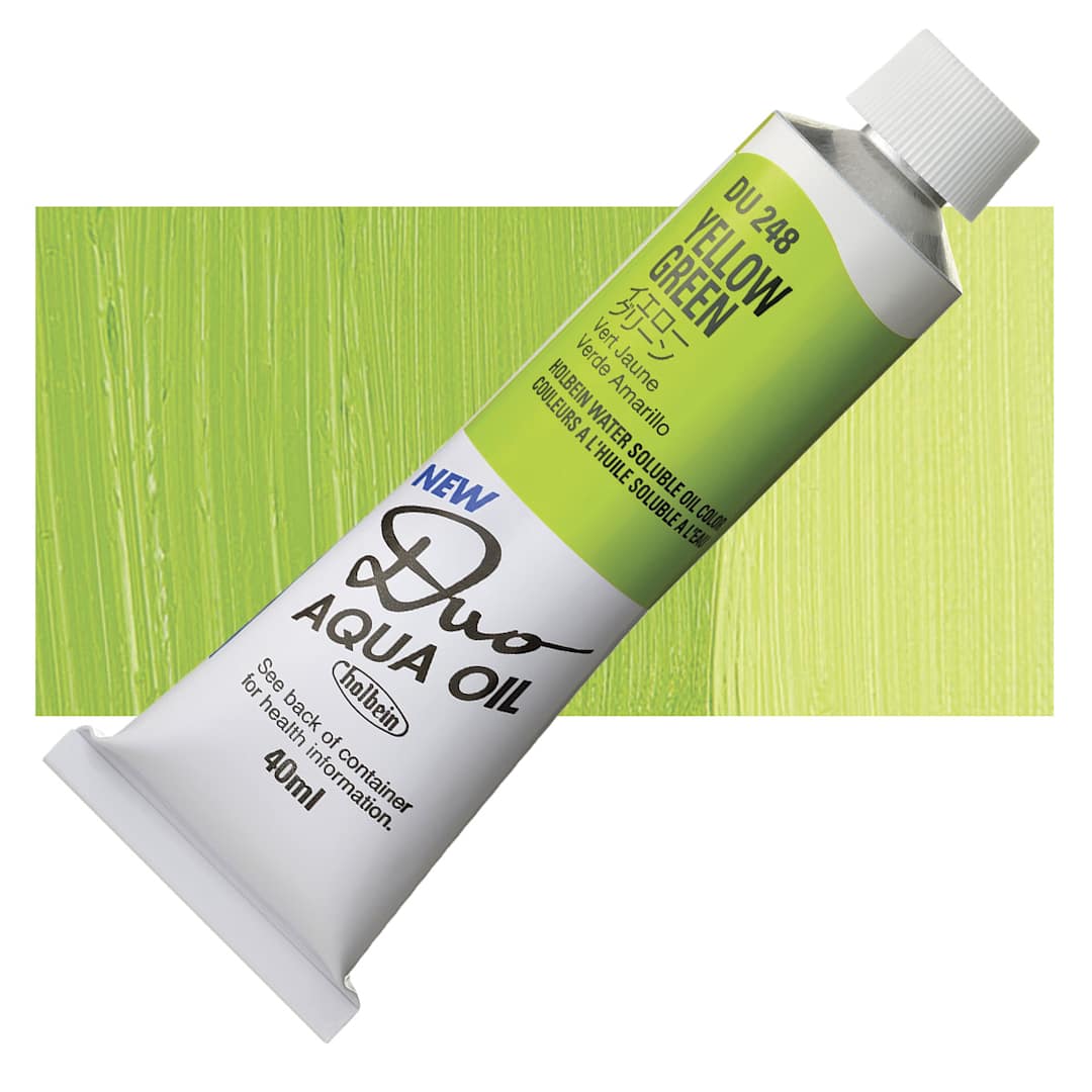 Open in modal - Holbein Duo Aqua Water Soluble Oil - Yellow Green, 40 ml tube and swatch