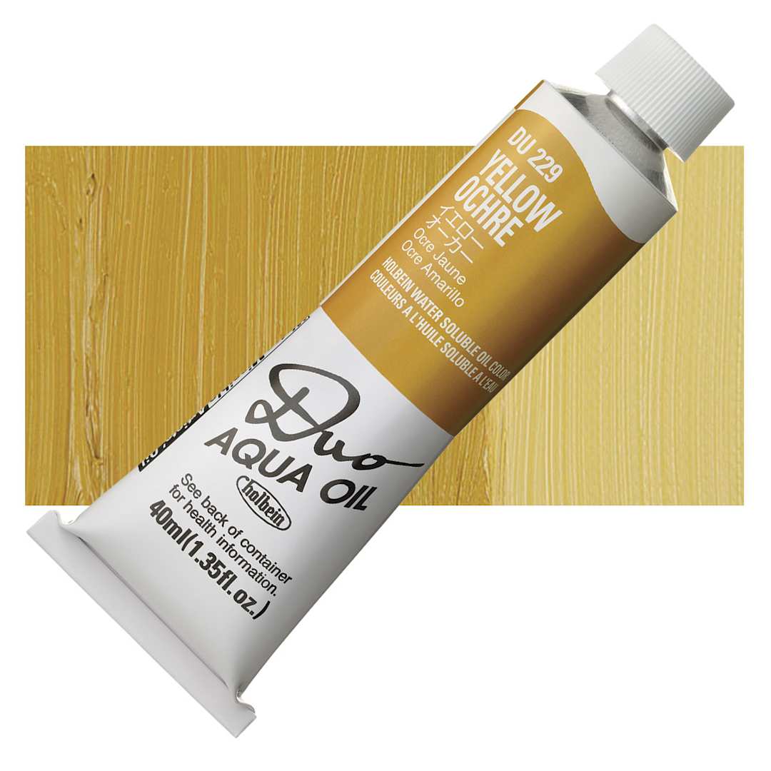 Open in modal - Holbein Duo Aqua Water Soluble Oil - Yellow Ochre, 40 ml tube and swatch