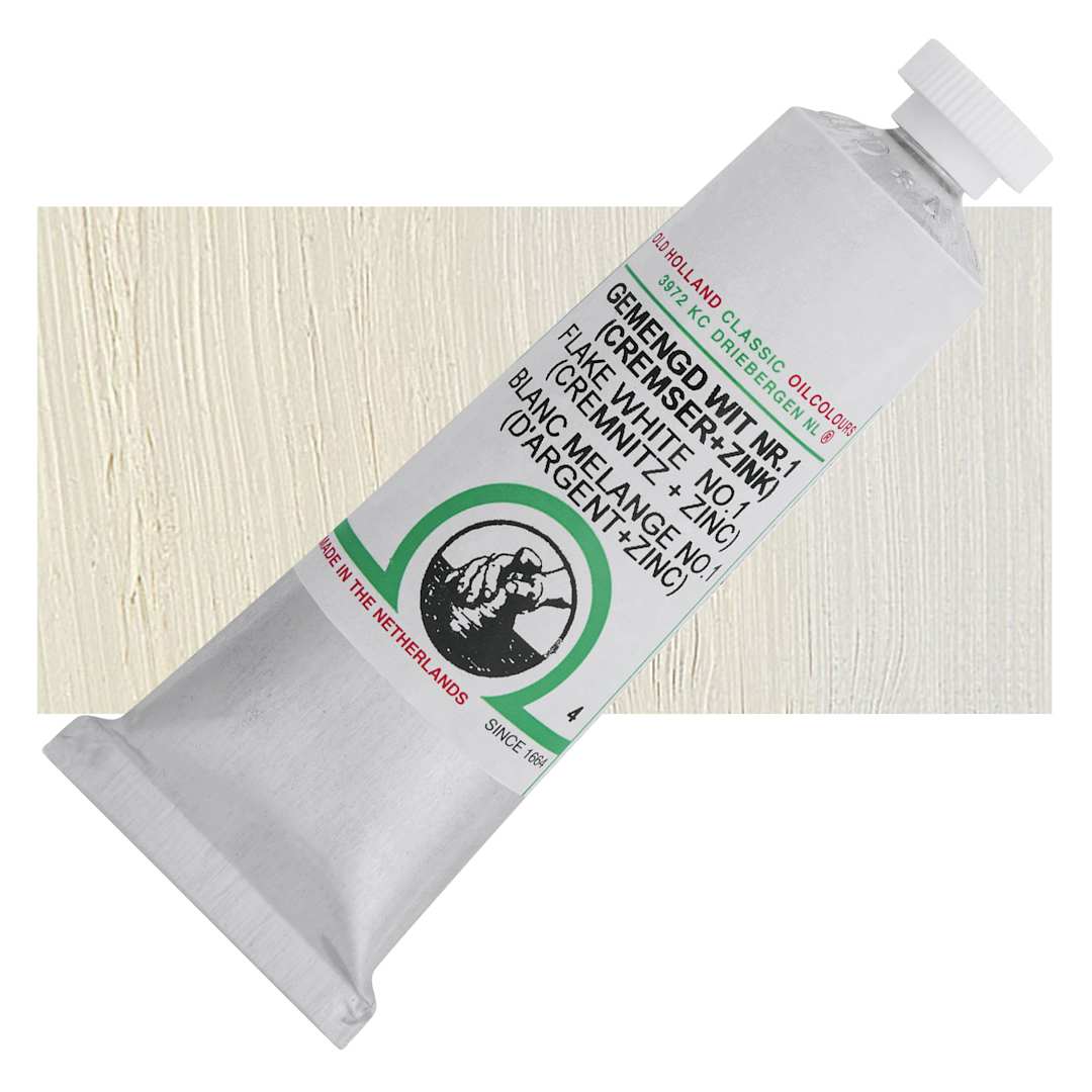 Open in modal - Old Holland Classic Oil Color - Flake White 1, 40 ml tube and swatch