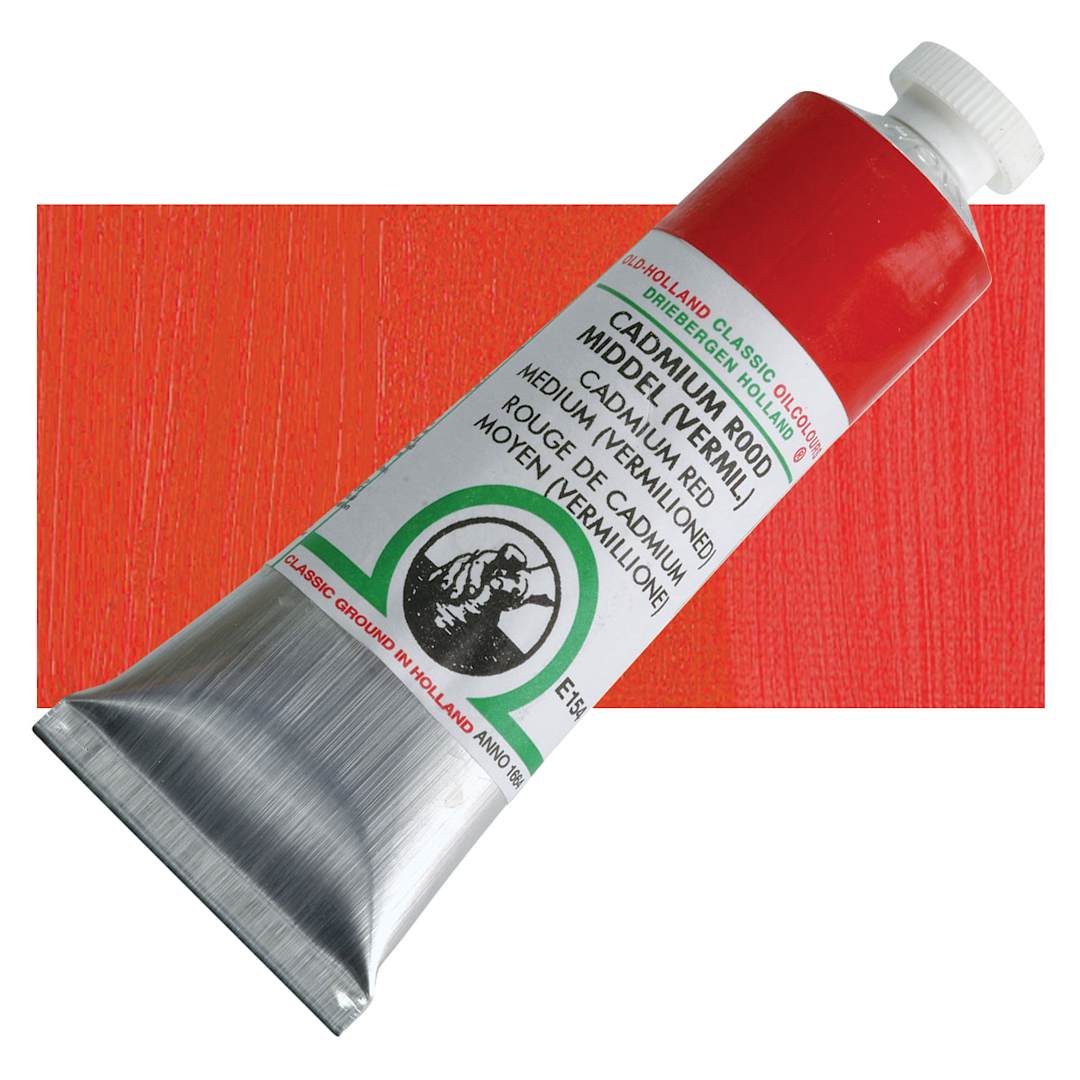 Open in modal - Old Holland Classic Oil Color - Cadmium Red Medium (Vermilioned), 40 ml tube and swatch