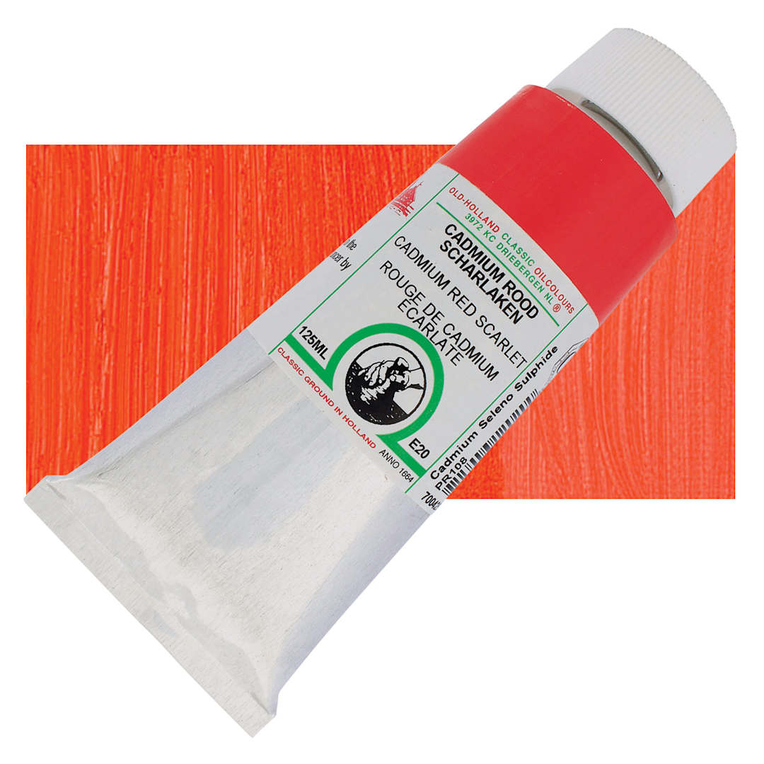 Open in modal - Old Holland Classic Oil Color - Cadmium Red Scarlet, 125 ml tube and swatch