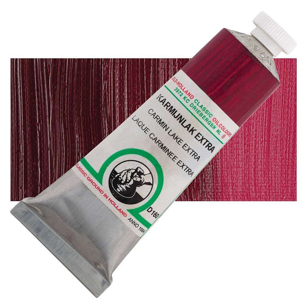 Open in modal - Old Holland Classic Oil Color - Carmine Lake Extra, 40 ml tube and swatch