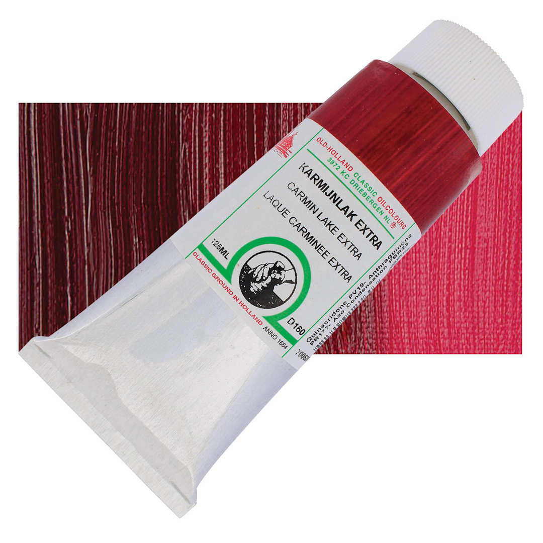 Open in modal - Old Holland Classic Oil Color - Carmine Lake Extra, 125 ml tube and swatch