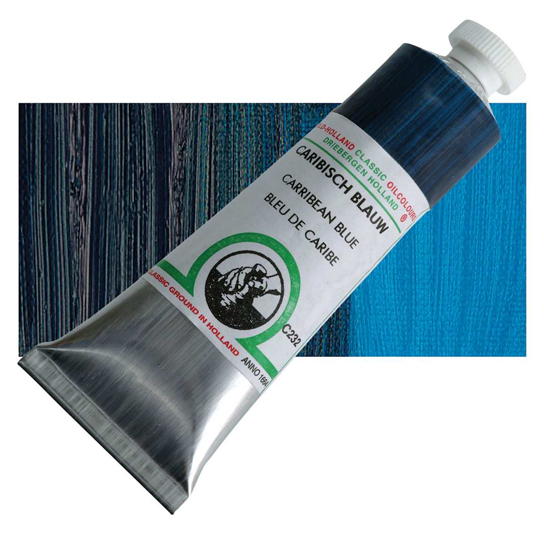 Open in modal - Old Holland Classic Oil Color - Carribean Blue, 40 ml tube and swatch