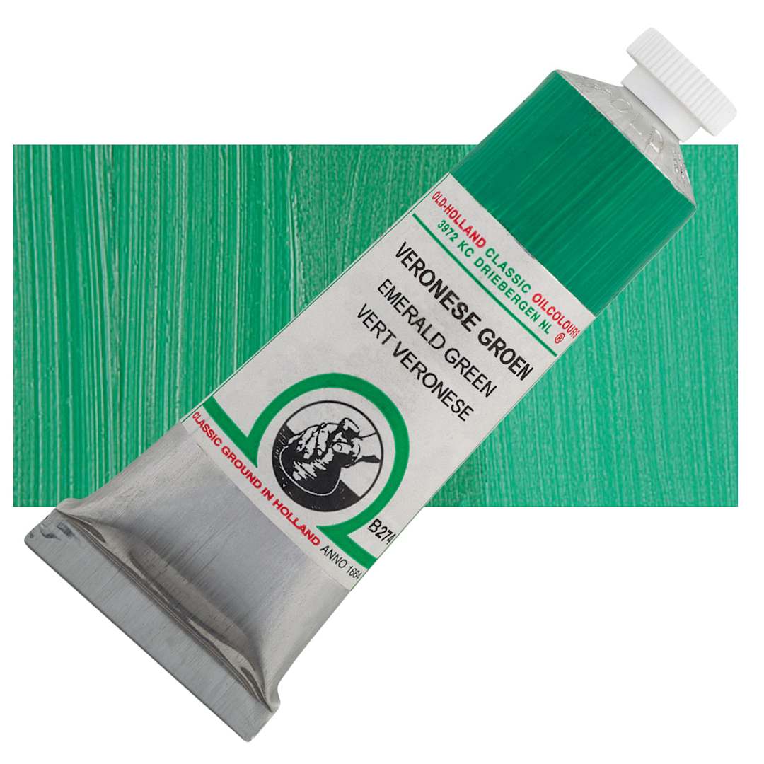 Open in modal - Old Holland Classic Oil Color - Emerald Green, 40 ml tube and swatch