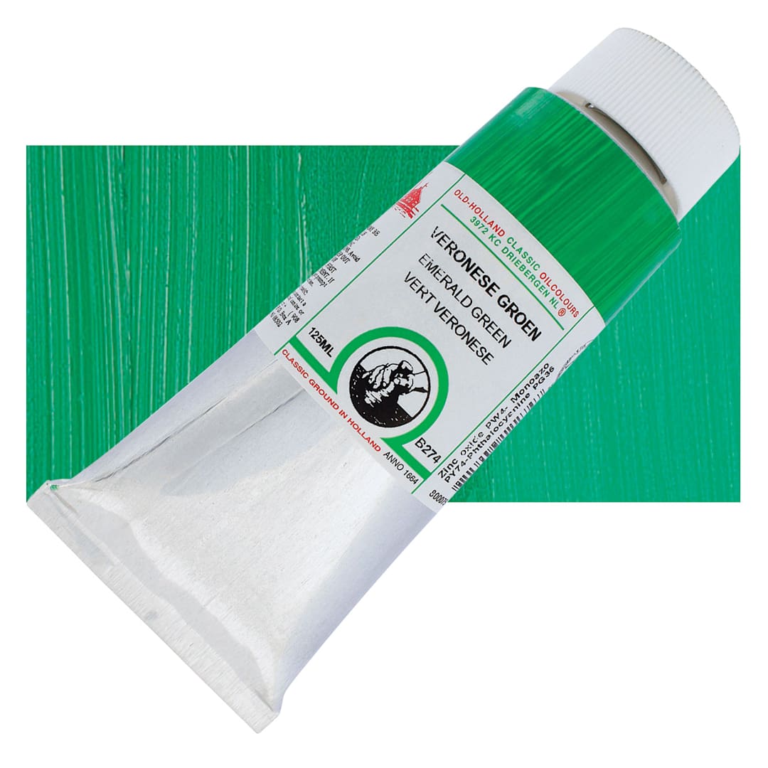 Open in modal - Old Holland Classic Oil Color - Emerald Green, 125 ml tube and swatch