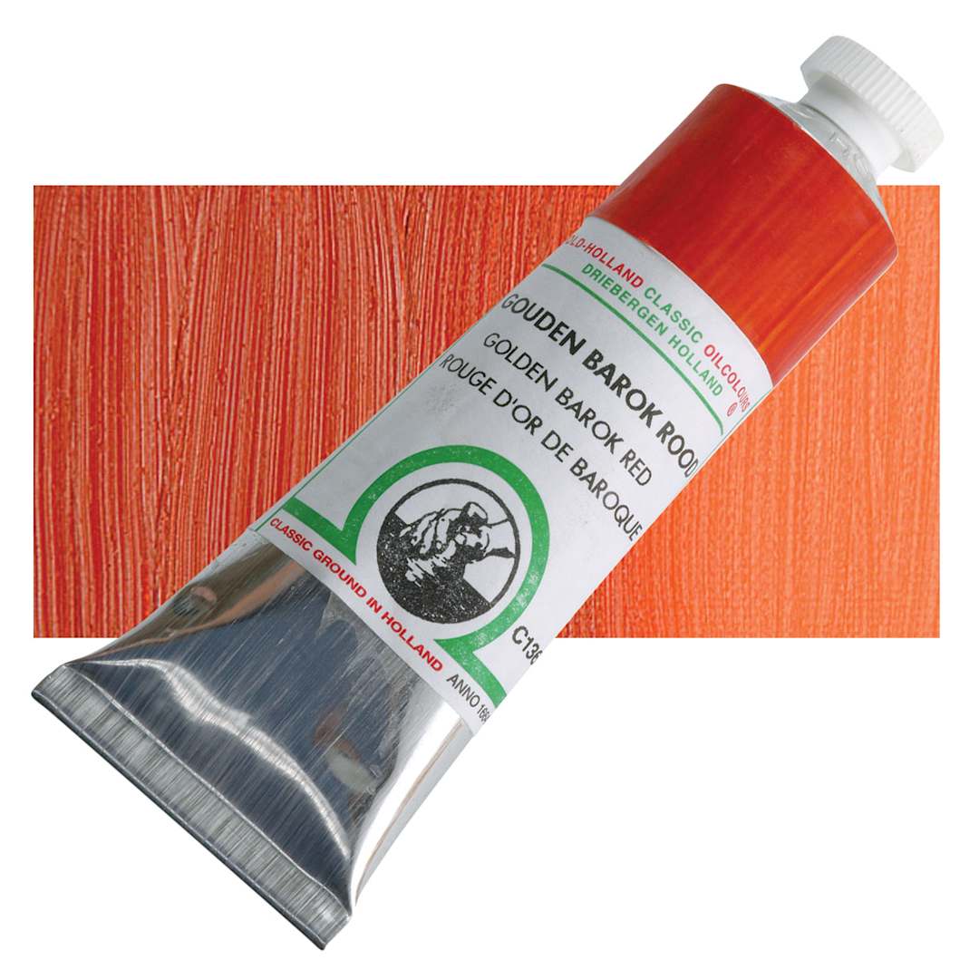 Open in modal - Old Holland Classic Oil Color - Golden Barok Red, 40 ml tube and swatch