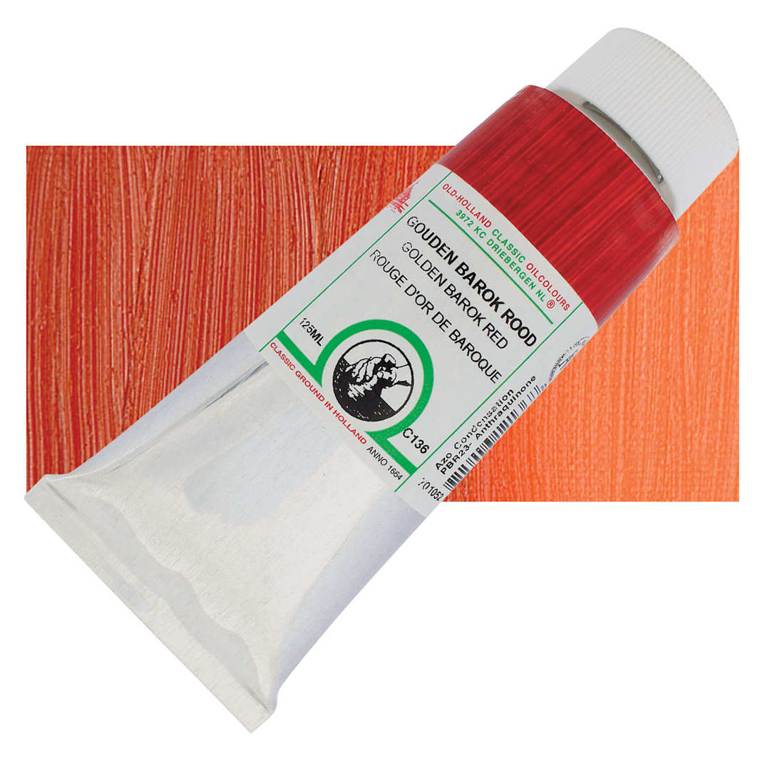 Open in modal - Old Holland Classic Oil Color - Golden Barok Red, 125 ml tube and swatch