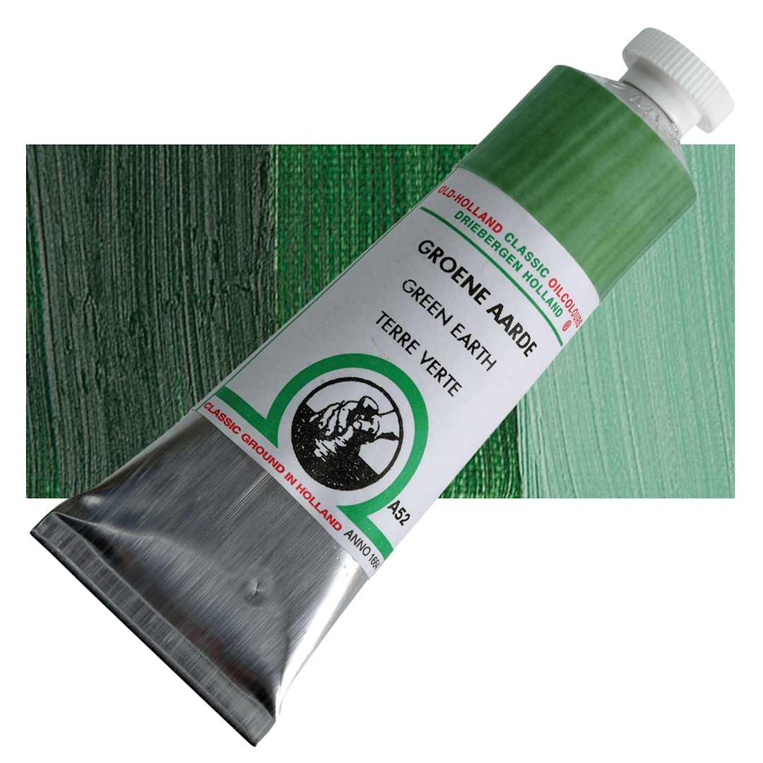 Open in modal - Old Holland Classic Oil Color - Green Earth, 40 ml tube and swatch