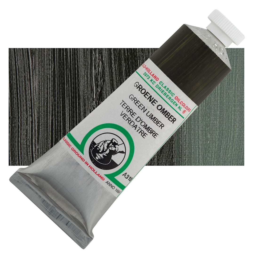 Open in modal - Old Holland Classic Oil Color - Green Umber, 40 ml tube and swatch