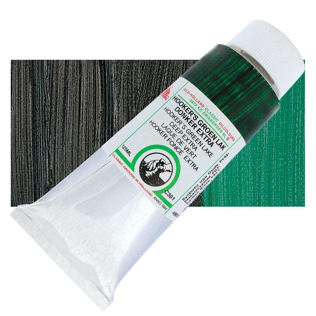 Open in modal - Old Holland Classic Oil Color - Hooker's Green Lake Deep Extra, 125 ml tube and swatch
