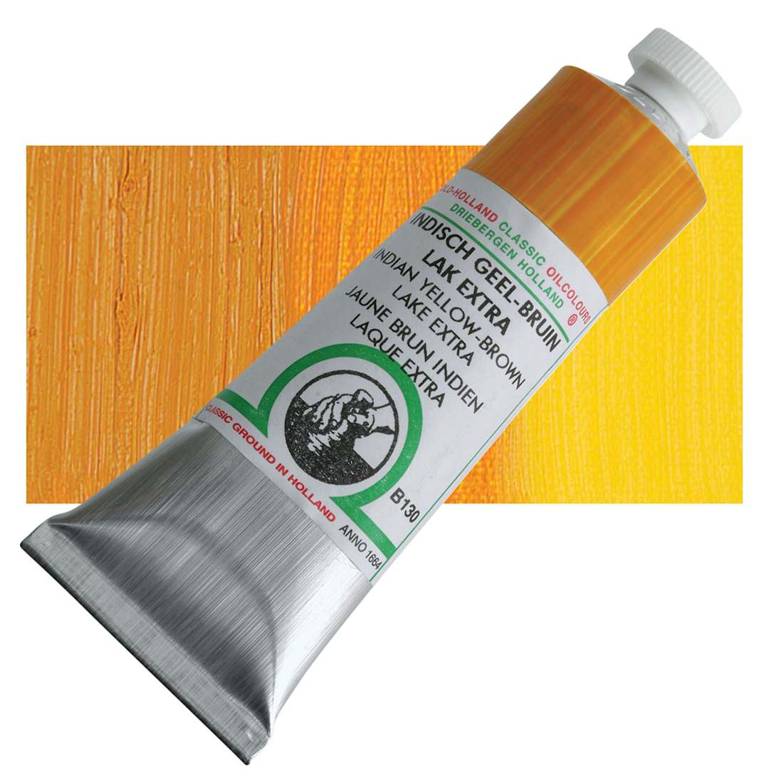 Open in modal - Old Holland Classic Oil Color - Indian Yellow Brown Lake Extra, 40 ml tube and swatch