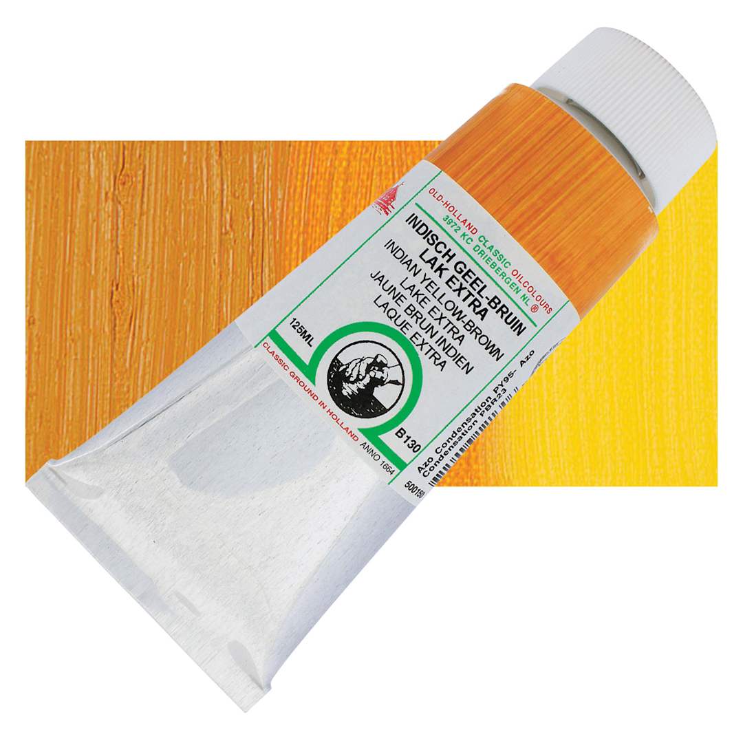 Open in modal - Old Holland Classic Oil Color - Indian Yellow Brown Lake Extra, 125 ml tube and swatch