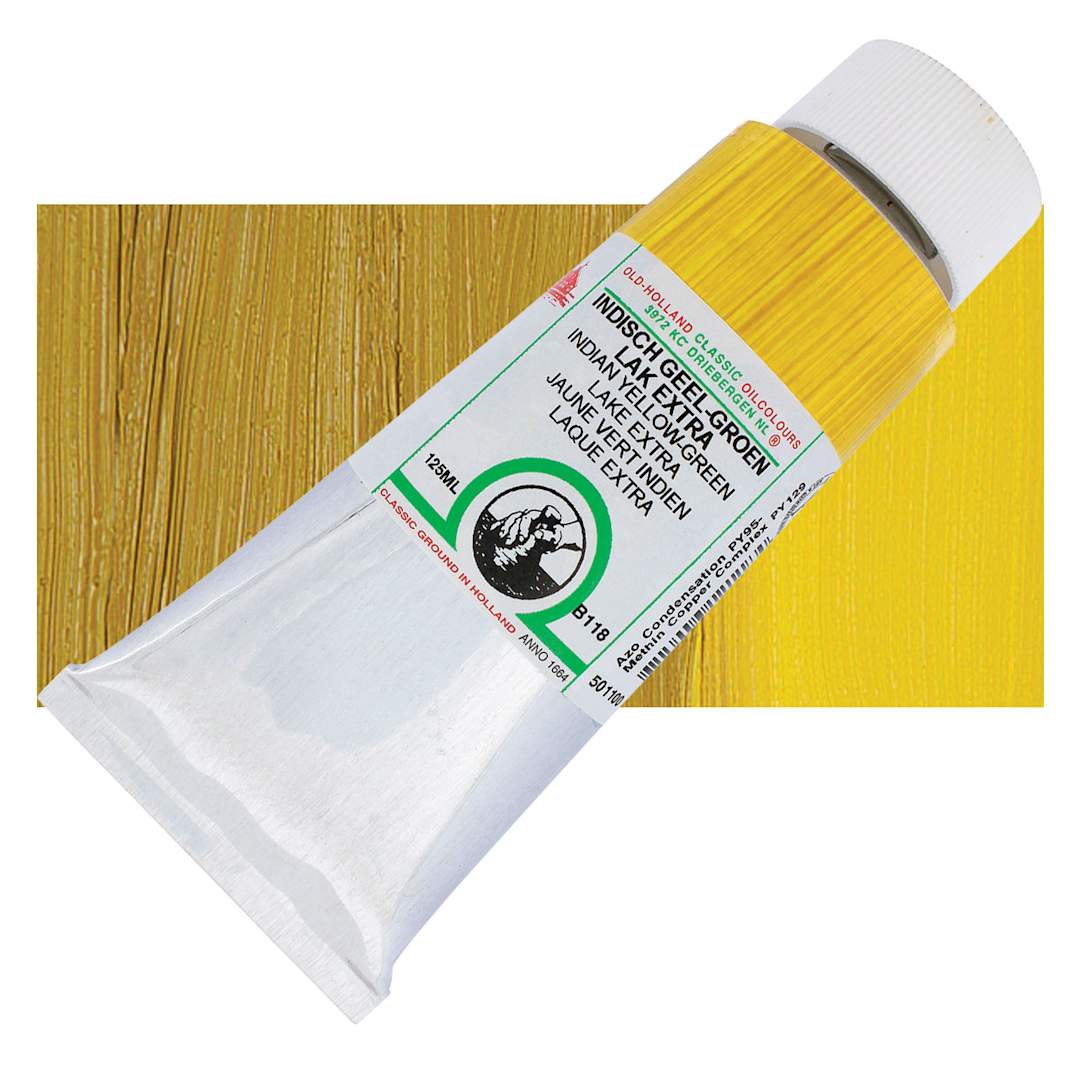 Open in modal - Old Holland Classic Oil Color - Indian Yellow Green Lake Extra, 125 ml tube and swatch