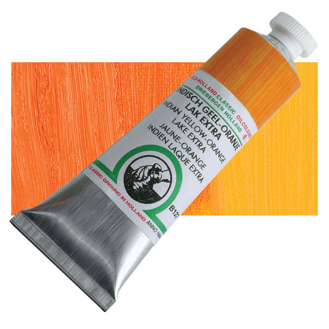 Open in modal - Old Holland Classic Oil Color - Indian Yellow Orange Lake Extra, 40 ml tube and swatch